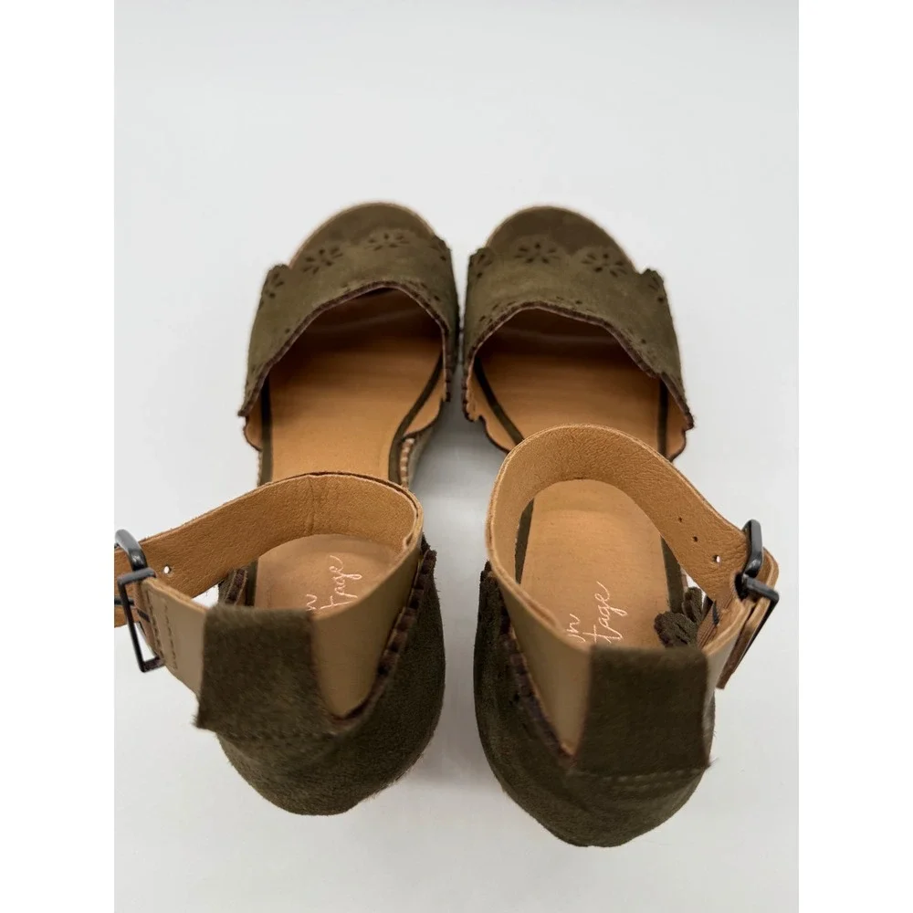 Crown Vintage Dunja Wedge Sandals Womens 10 Olive Green EUC Espadrille Suede